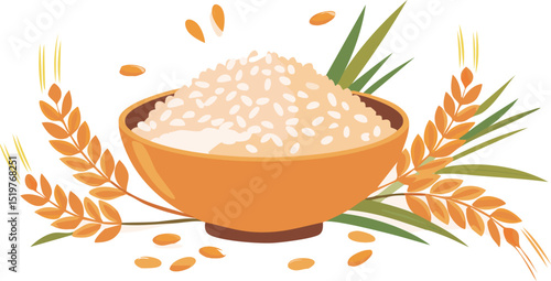 お茶碗のごはんと稲穂のイラスト