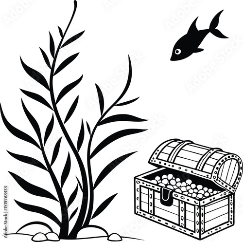 A treasure chest brimming with gold coins rests on rocks a perfect scalable graphic for branding and logo design