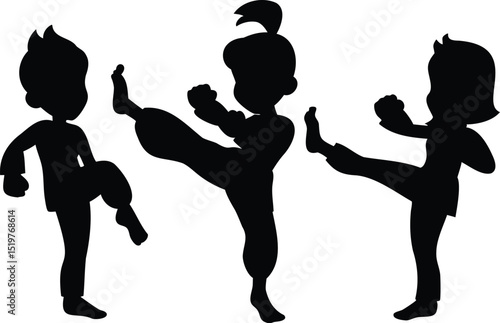 Vector illustration of three karate kids in kicking poses – martial arts silhouette of children practicing karate or taekwondo moves, isolated on white background for sports or education themes