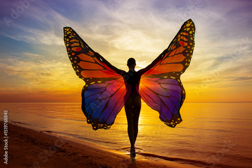Wallpaper Mural Graceful Woman with Vibrant Butterfly Wings on the Beach at Sunset Sunshine. Magical Mood of Transformation. Healing Meditation. Rear View of Girl Silhouette with Open Arms at Colorful Sea Sky view Torontodigital.ca