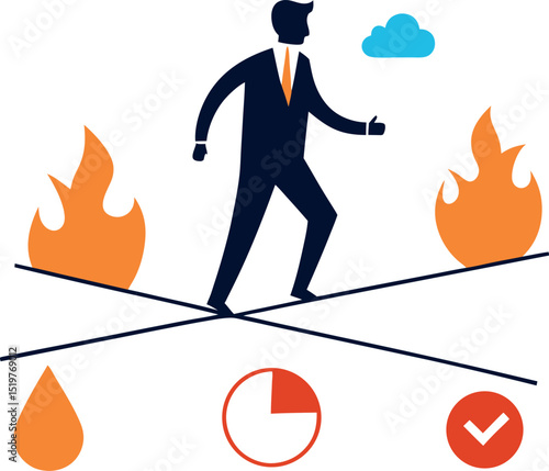 Man walking across a tightrope over flames with balance