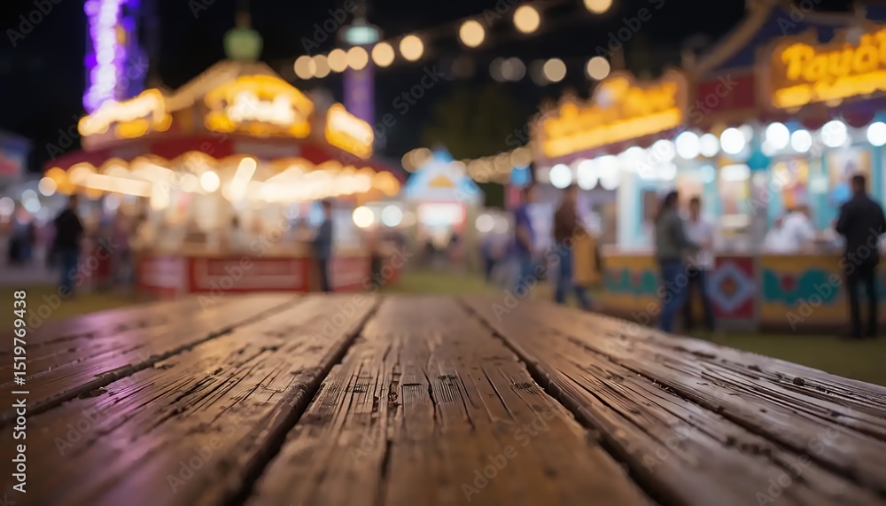 Carnival scene with wooden table in foreground Carnival scene with wooden table in foreground