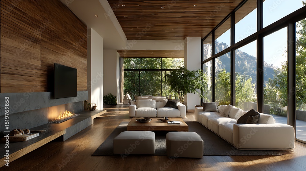 Fototapeta premium 自然と調和する温もりのあるモダンリビングインテリア