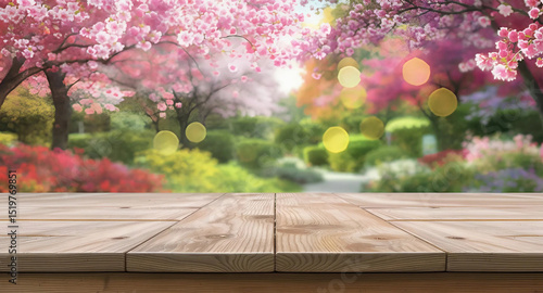 Wooden table top with cherry blossom trees softly blurred in the background, creating a serene outdoor atmosphere, Generative AI.