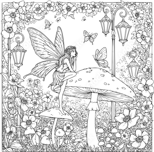 Weird cartoon mushrooms growing in a vibrant green forest with fairies sitting on them, perfect for nature illustrations