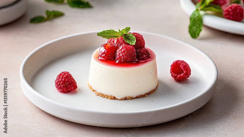 Elegant raspberry cheesecake on a delicate porcelain plate, set on a neutral background with ample empty space around the dessert. Elegant raspberry cheesecake on a delicate porcelain plate, set on a neutral background with ample empty space around the dessert.