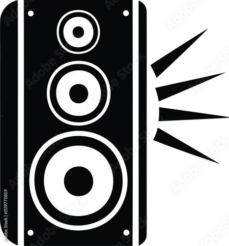 Black speaker icon emitting sound waves – stylized vector illustration of audio equipment, subwoofer, and sound system symbol isolated on white background for music concepts