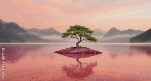 A solitary tree rises on an island surrounded by calm lake waters, Generative AI.