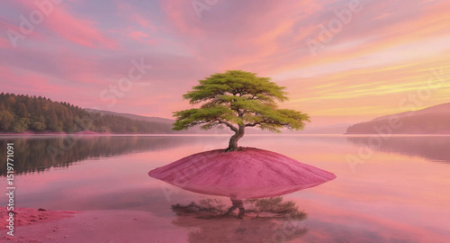 A solitary tree stands on an island in a lake, silhouetted against a vibrant sunset sky, Generative AI.