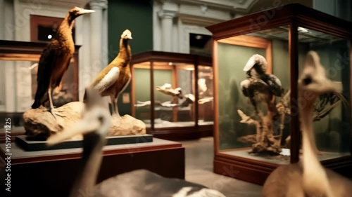 Close-up of Various Extinct Bird Species Displayed at Museum Exhibition for Research