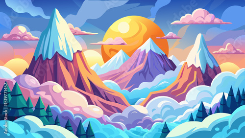 A dreamy cartoon mountain range with soft, pastel-colored peaks blanketed in snow, surrounded by floating cotton clouds and a bright yellow sun smiling from the sky