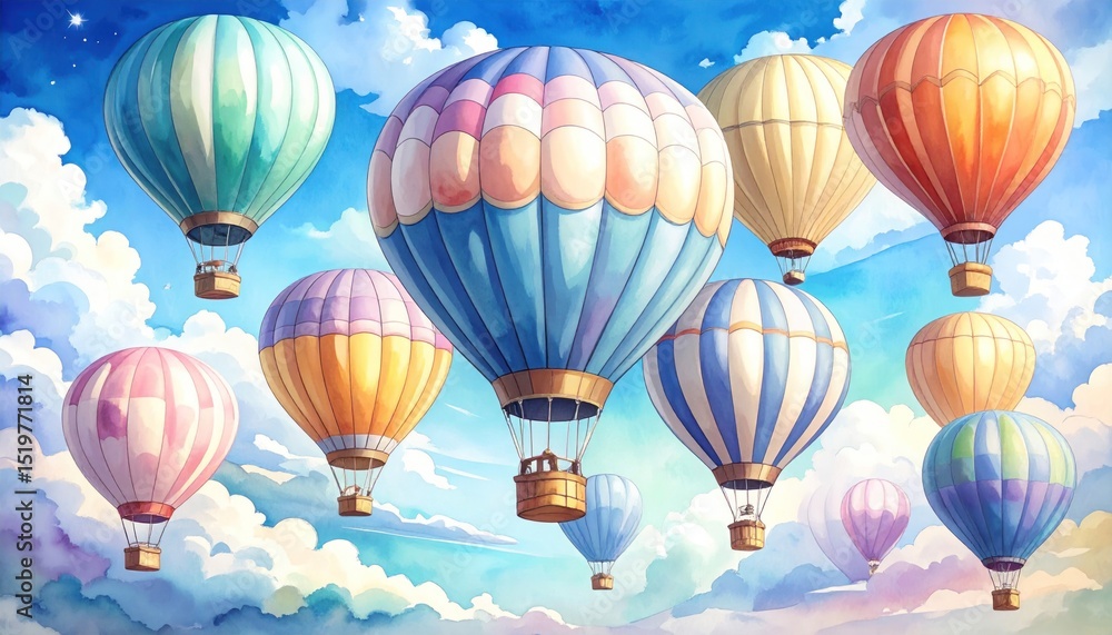 Fototapeta premium Watercolor hot air balloons floating peacefully in serene blue sky landscape