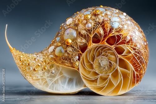 Elegant Golden Nautilus Shell with Intricate Details and Ornamental Features