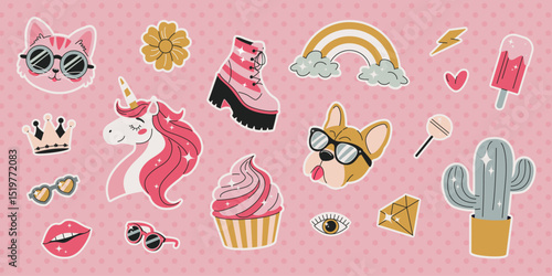 Obraz na plátně Set of different modern stickers for scrapbooking, collages, girly prints, diary and planners designs