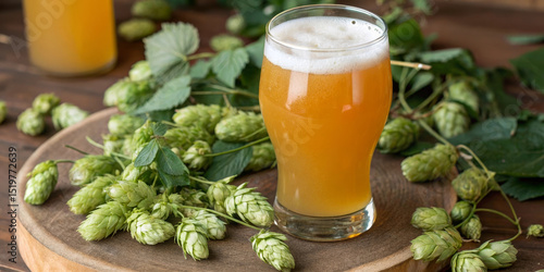 Hazy IPA with vibrant citrus notes, fresh hop cone, and foamy head in glass on rustic wooden table, surrounded by green hop flowers and leaves, evoking refreshing mood
