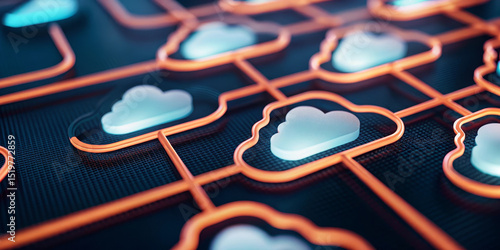 Cloud computing network with glowing connections, digital clouds, and futuristic technology, representing multicloud infrastructure, data transfer, and global connectivity in modern IT environment