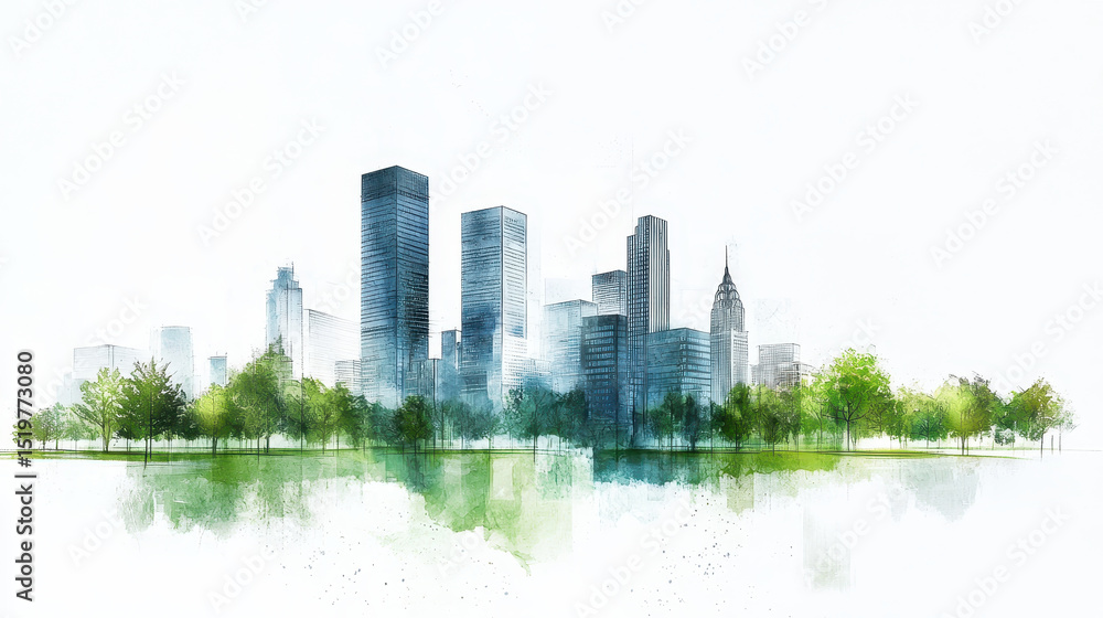 Obraz premium Vibrant pencil sketch of bustling city skyline with green trees and reflections in water, showcasing urban life