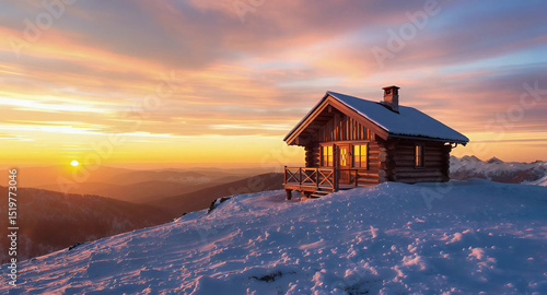 A small cabin perched on a mountain, bathed in warm hues of sunset, Generative AI.