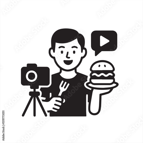 Food review, tasting, in front of camera, food blogger, content creator, delicious meal, dining experience, eating, plating, restaurant, close-up, microphone, tasting notes, facial expression, foodie,