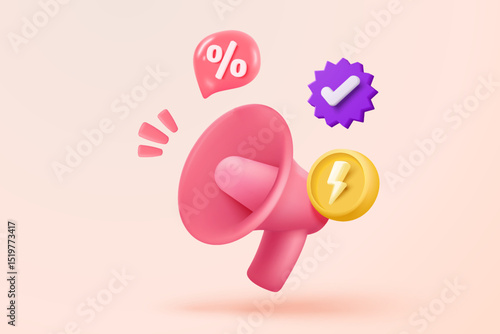 3D coupon icon with megaphone speaker for sales and shopping online, discount coupon of cash. flash lightning on time alert notice special offer promotion. 3d price tag icon vector render illustration