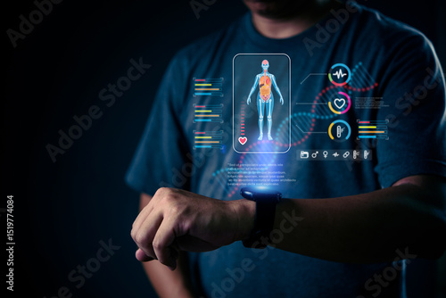 person wearing a smartwatch that tracks health data, with digital holographic visuals displaying vital health statistics like heart rate, temperature, and other health metrics.