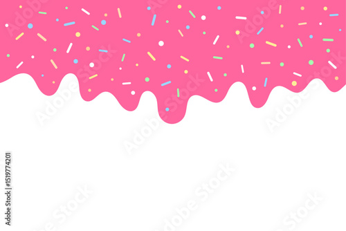 Sweet Pink Dripping Icing with Colorful Sprinkles. Abstract Dessert Background. Vector Illustration