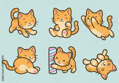 Cute Cartoon Cats Playing in Various Poses - Vector Illustration
