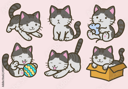 Cute Cartoon Cats Playing in Various Poses - Vector Illustration