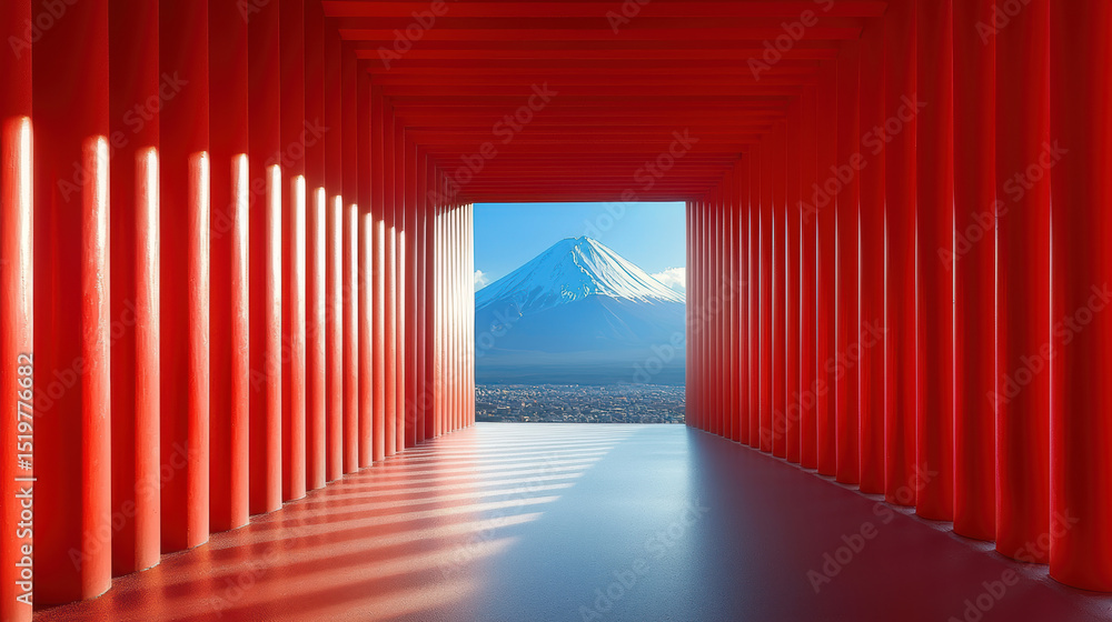 Red torii gate corridor frames stunning view of Mount Fuji under clear blue sky Red torii gate corridor frames stunning view of Mount Fuji under clear blue sky