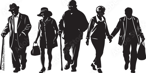 Black vector silhouettes of people walking, including families, business groups, and women, with children and men