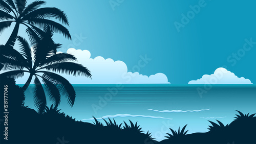 Blue beach landscape background, illustration of lagoon scenery with clear sky and water, silhoette of coconut trees, summer panoramic banner with copy space