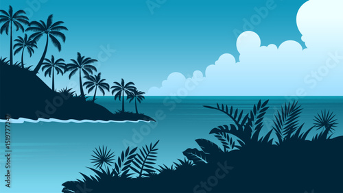 Blue beach landscape background, illustration of lagoon scenery with clear sky and water, silhouette of cliff with coconut trees, summer panoramic banner with copy space