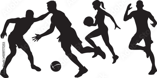 Vector silhouettes of dancing girls and men playing soccer, basketball, and other action sports