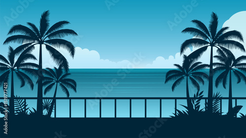 Blue beach landscape background, illustration of lagoon scenery with clear sky and water, silhouette of coconut trees, summer panoramic banner with copy space	