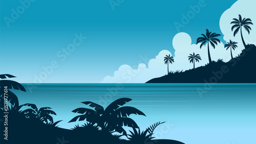 Blue beach landscape background, illustration of lagoon scenery with clear sky and water, silhoette of coconut trees, summer panoramic banner with copy space