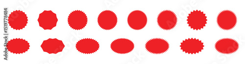Starburst red sticker set - collection of special offer sale round and oval sunburst labels and buttons. Stickers and badges with star edges for promo advertising. stock vector . 
