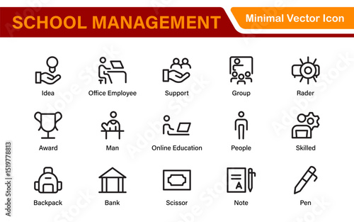 School Administration Icon Set – Modern Outline Line Vector Illustrations for Classroom, Timetable, Attendance, and Education Management Systems