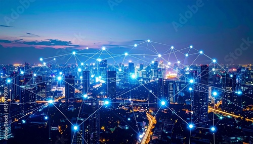 Artificial Intelligence LinkedIn concept. City skyline connected by digital network at dusk.