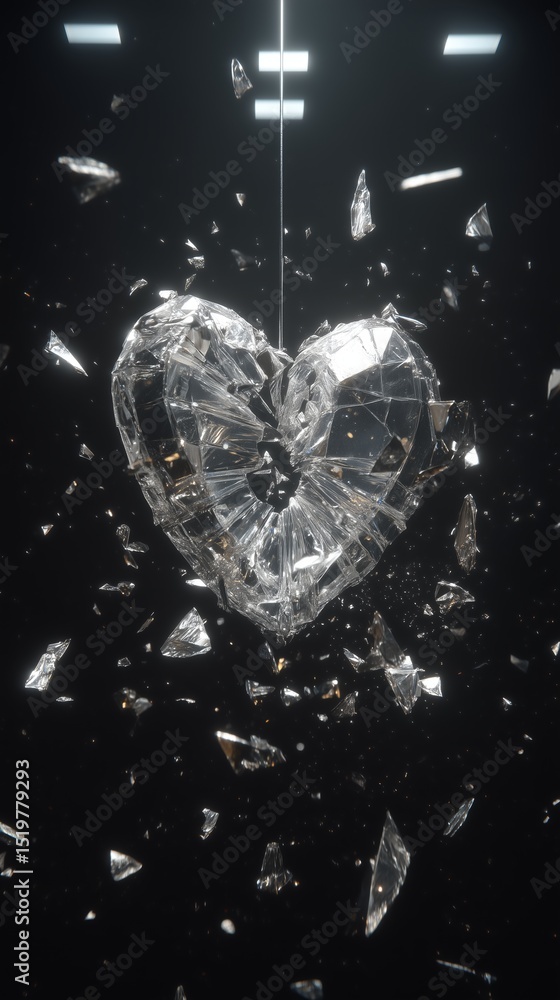Fototapeta premium Broken glass heart suspended in space, sharp shards flying in slow motion, dark environment with volumetric lighting, conceptual love loss art