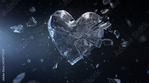Broken glass heart suspended in space, sharp shards flying in slow motion, dark environment with volumetric lighting, conceptual love loss art
