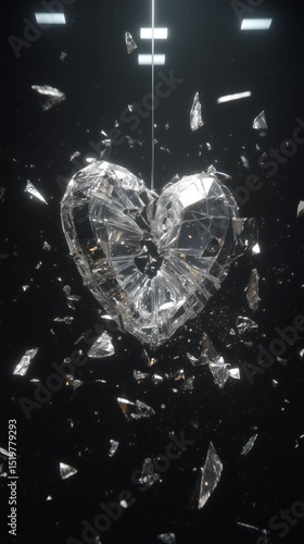 Broken glass heart suspended in space, sharp shards flying in slow motion, dark environment with volumetric lighting, conceptual love loss art
