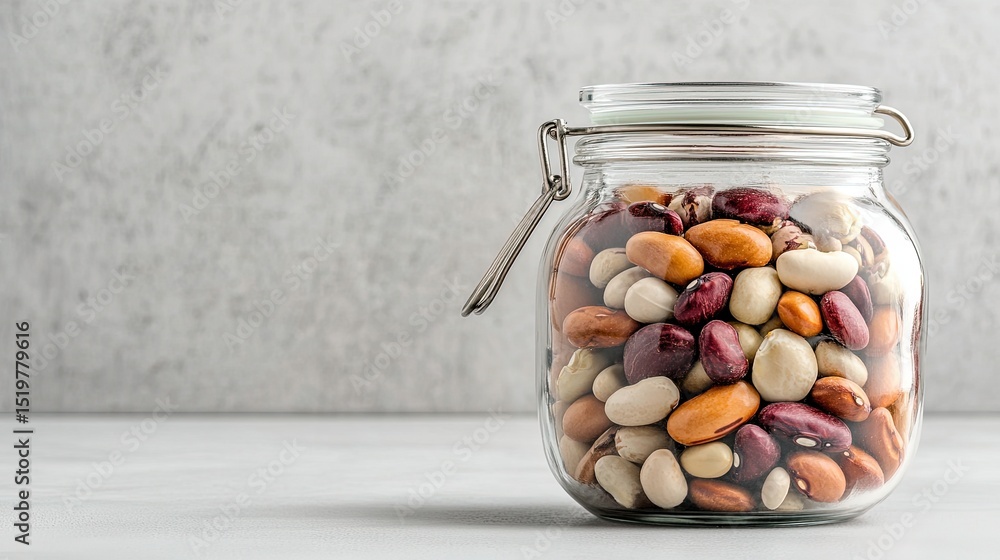 Various dried beans in a large glass jar, with plenty of empty space around it, focusing on the texture of the beans. Various dried beans in a large glass jar, with plenty of empty space around it, focusing on the texture of the beans.