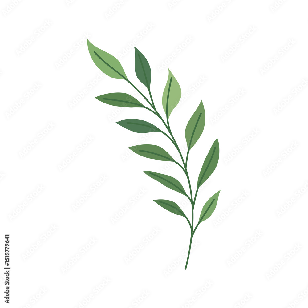 Obraz premium Nature's Delicate Whispers: A gentle sprig of fresh green leaves, rendered in vibrant hues, exudes a feeling of calm, and peaceful in this simple vector design.
