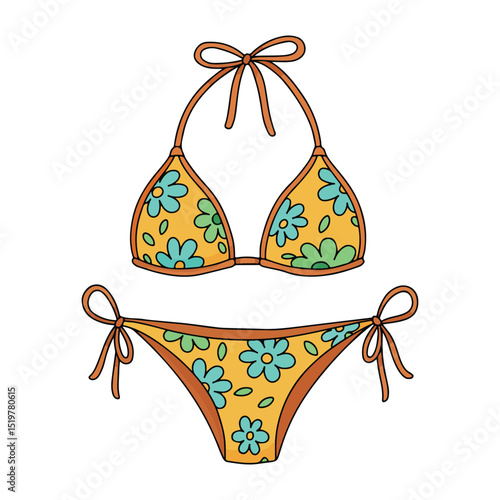 Retro 1970s floral swimwear set, orange and teal bikini with tropical pattern vector illustration