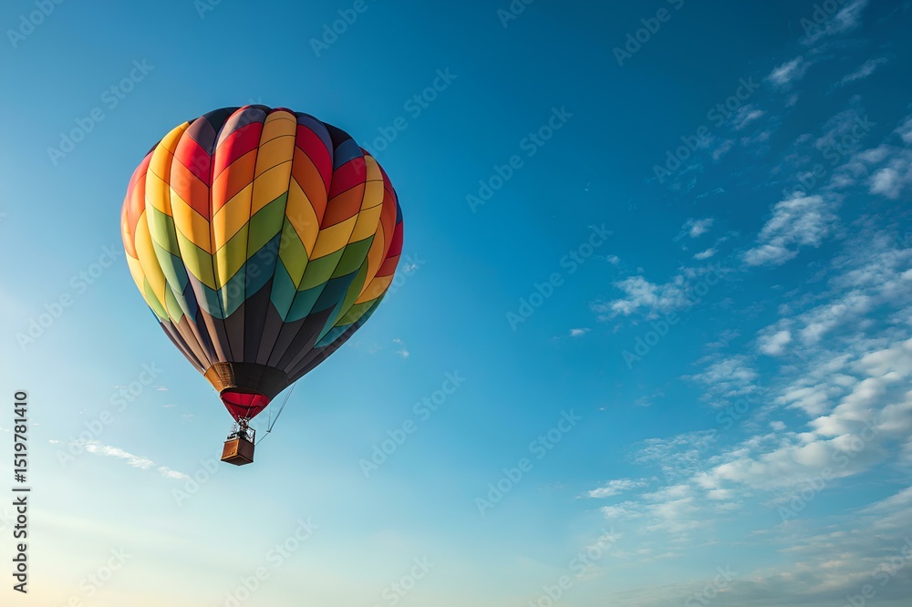 Colorful Hot Air Balloon Floating in Clear Blue Sky with Few Clouds During Sunrise or Sunset for Adventure, Travel, Leisure, and Outdoor Exploration Colorful Hot Air Balloon Floating in Clear Blue Sky with Few Clouds During Sunrise or Sunset for Adventure, Travel, Leisure, and Outdoor Exploration