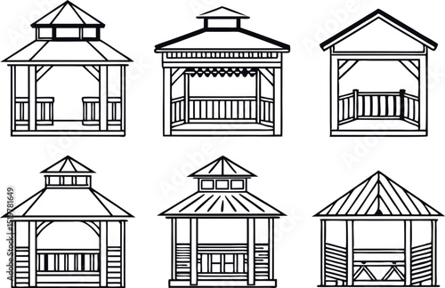 Set of various gazebo outlines for landscape design and architectural illustration
