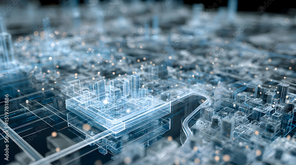 Obraz premium Futuristic digital city blueprint with glowing lights showcasing urban planning and innovation