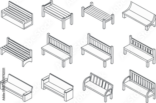 Set of various park bench isometric illustrations in line art style