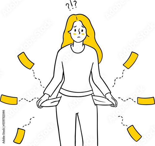 Vector illustration of a distressed woman showing empty pockets with money flying away. Ideal for themes of financial problems, bankruptcy, debt, poverty, or budget struggles.