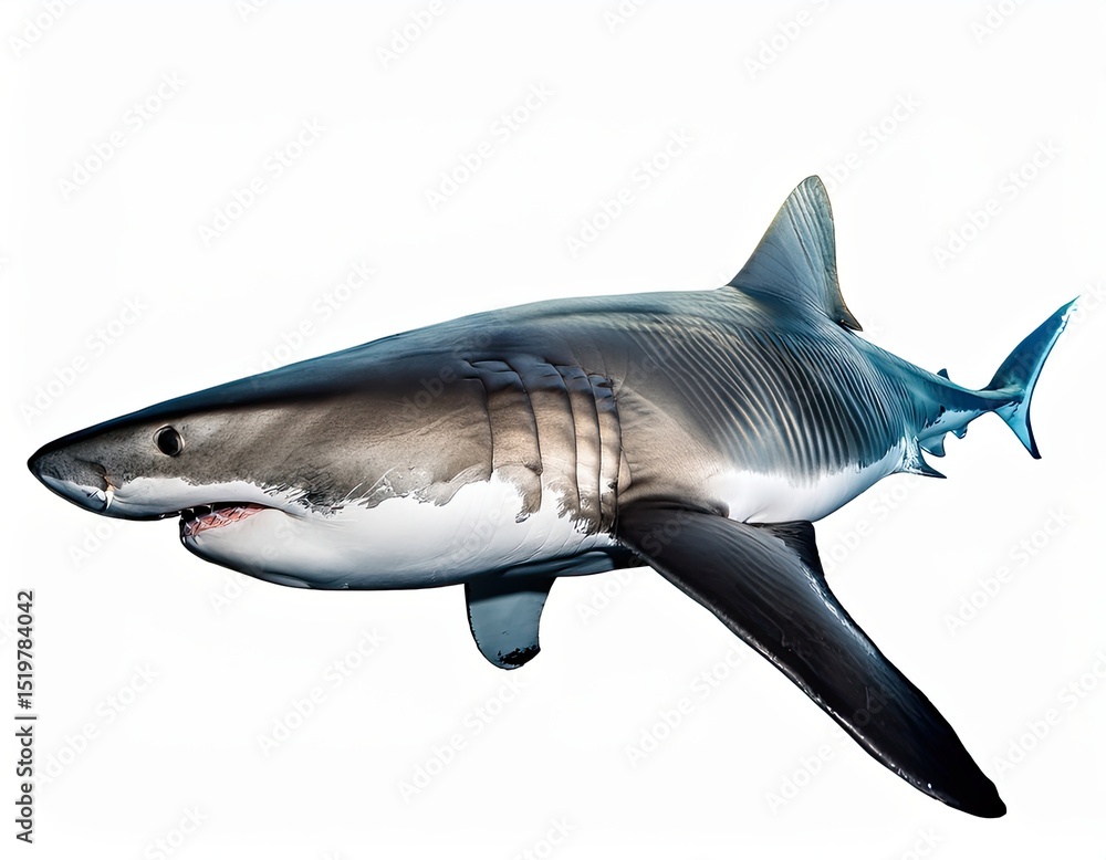 Fototapeta premium Great White Shark Isolated on White Background – High Resolution Close-Up